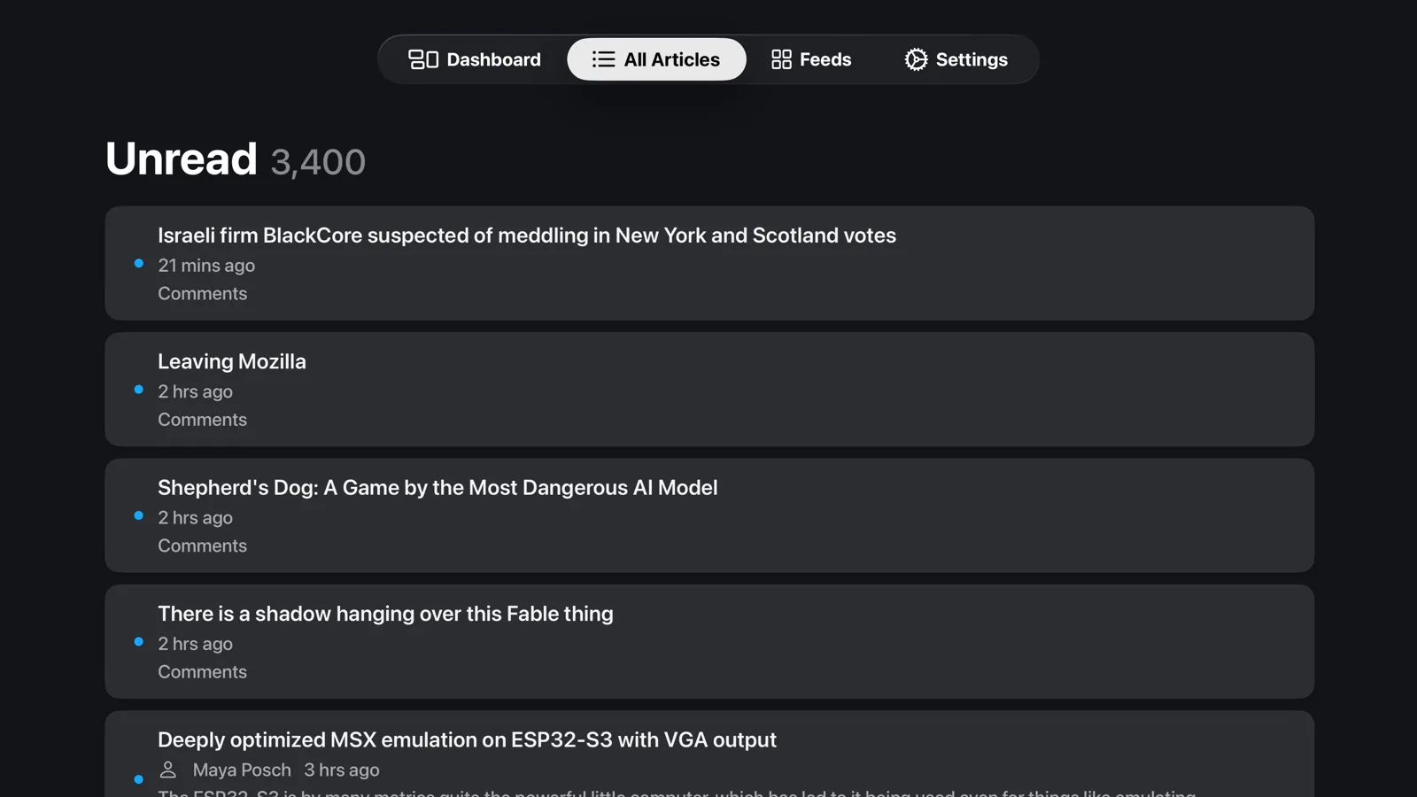 The unread list showing recent articles from across all feeds