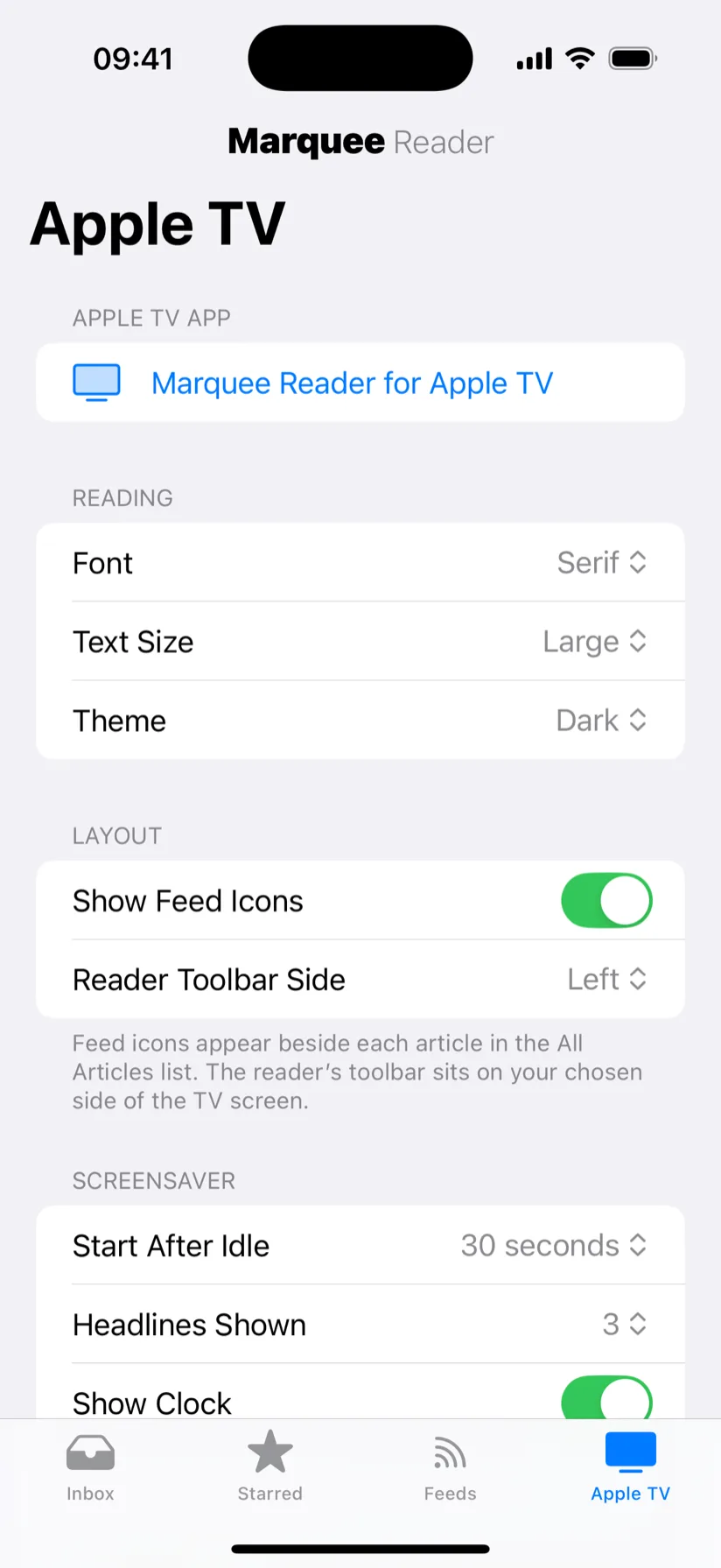 The Marquee Reader iPhone app controlling the Apple TV's reading and screensaver settings