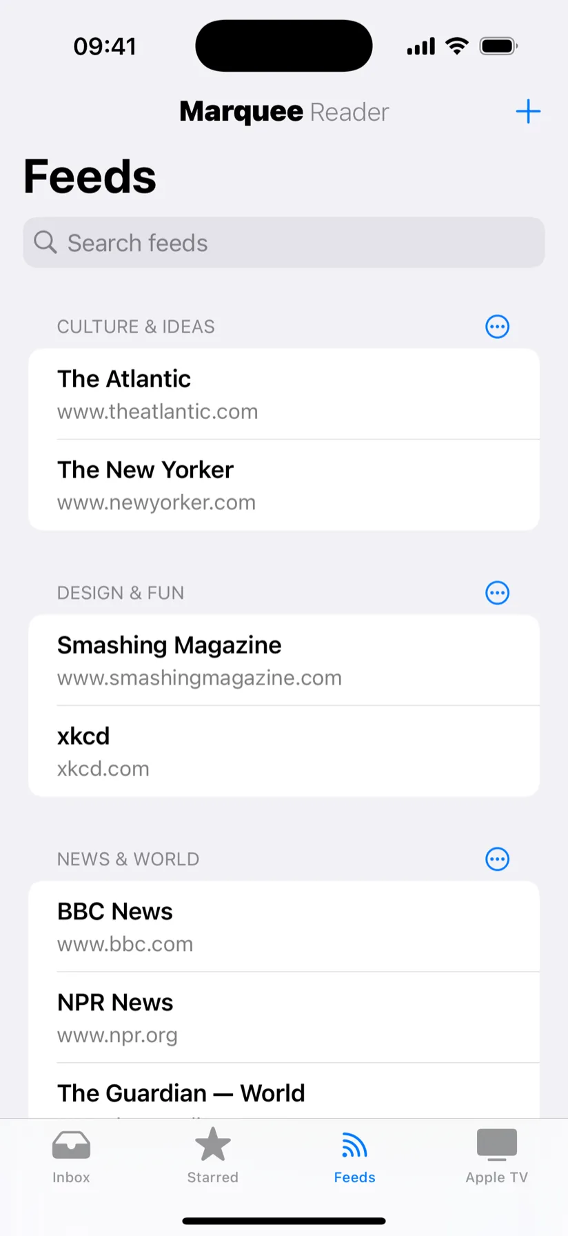The Marquee Reader iPhone app managing feeds and folders, synced to Apple TV
