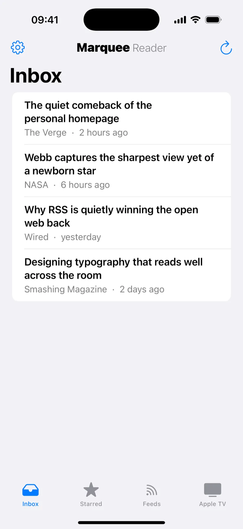 The Marquee Reader iPhone app showing the reading inbox of articles sent from Apple TV