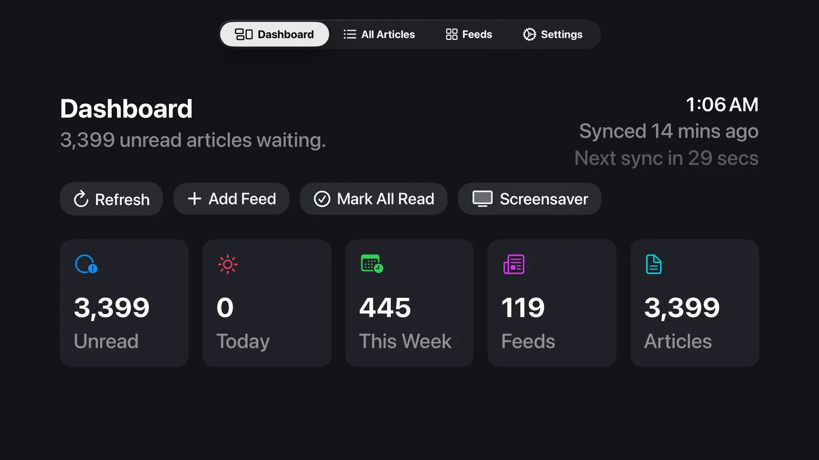 Marquee Reader dashboard on Apple TV showing unread counts and recent activity