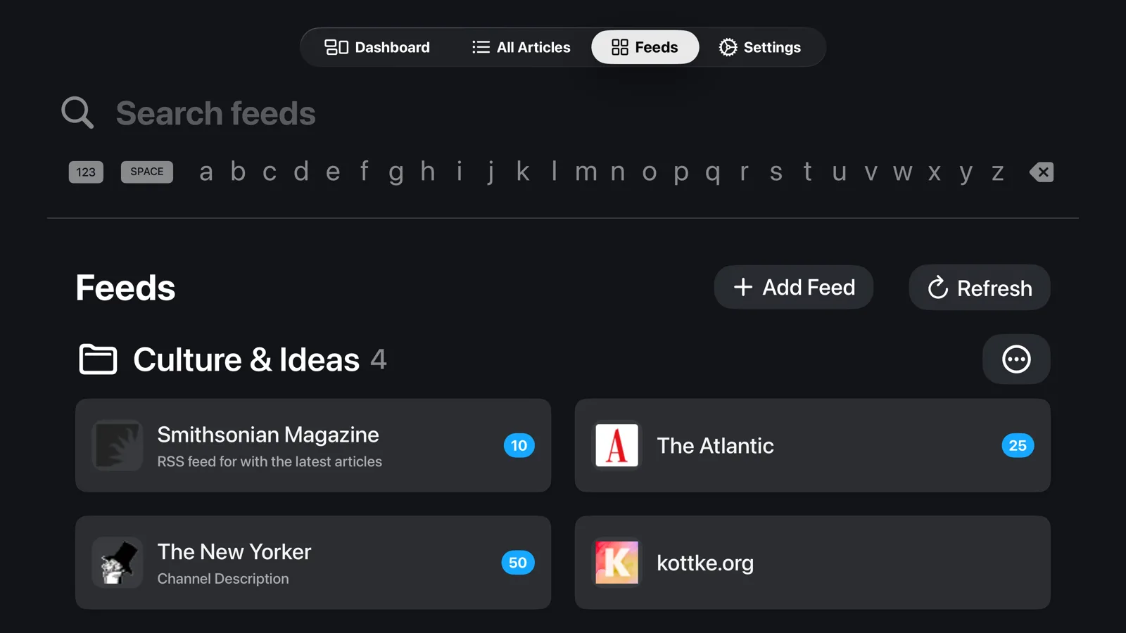 The Feeds tab — subscriptions grouped into folders, each with its own unread count