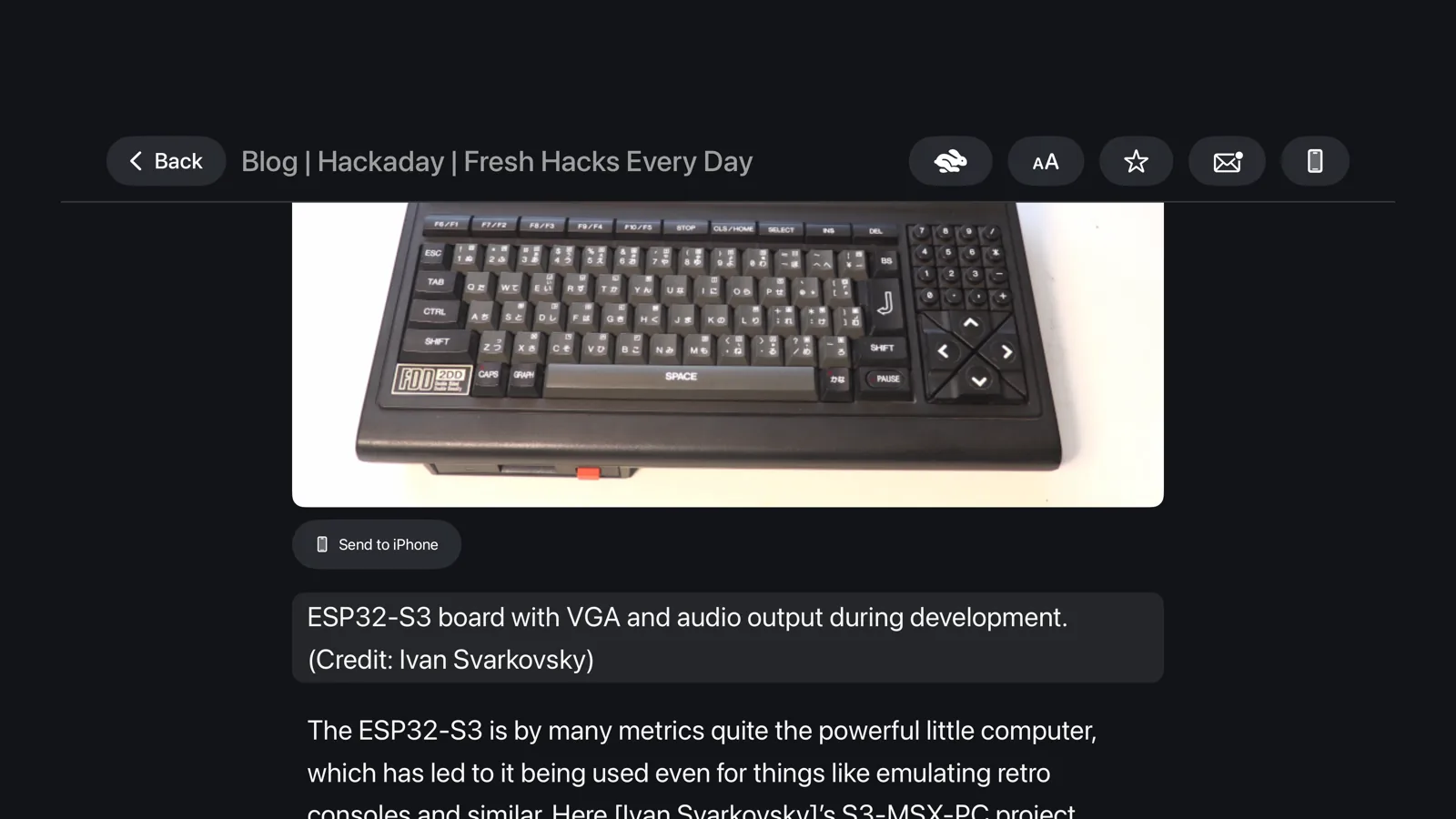 An article open in Marquee Reader with an inline image and body text