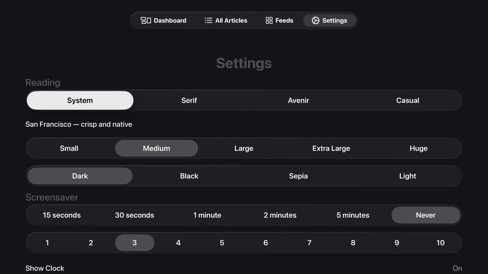 Settings showing font, text size and theme options